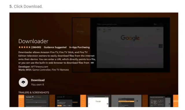 Fire Stick Downloader app page with Download selected